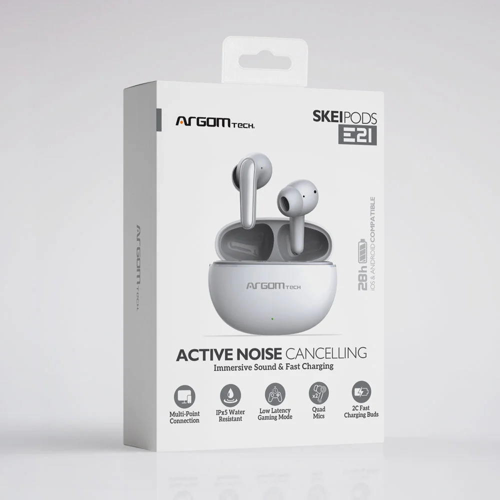 Auriculares estéreo inalámbricos BT con cancelación activa de ruido ANC Argom SkeiPods E21 blancos A00741